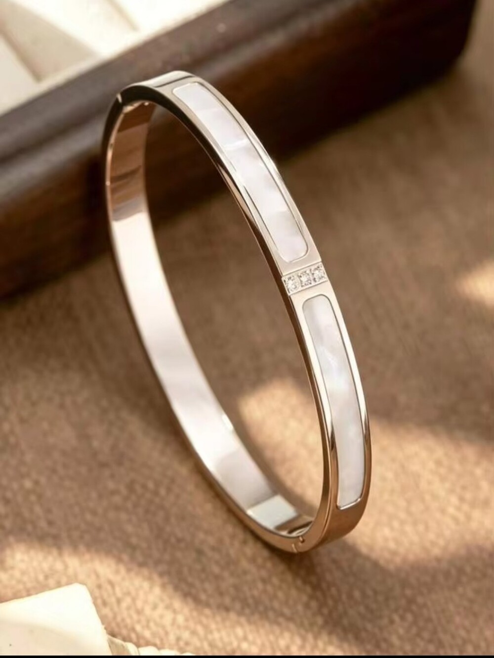 Triple Silver-Tone Women's Bangle Bracelet Set with White Crystal Accents - Picture 4 of 5